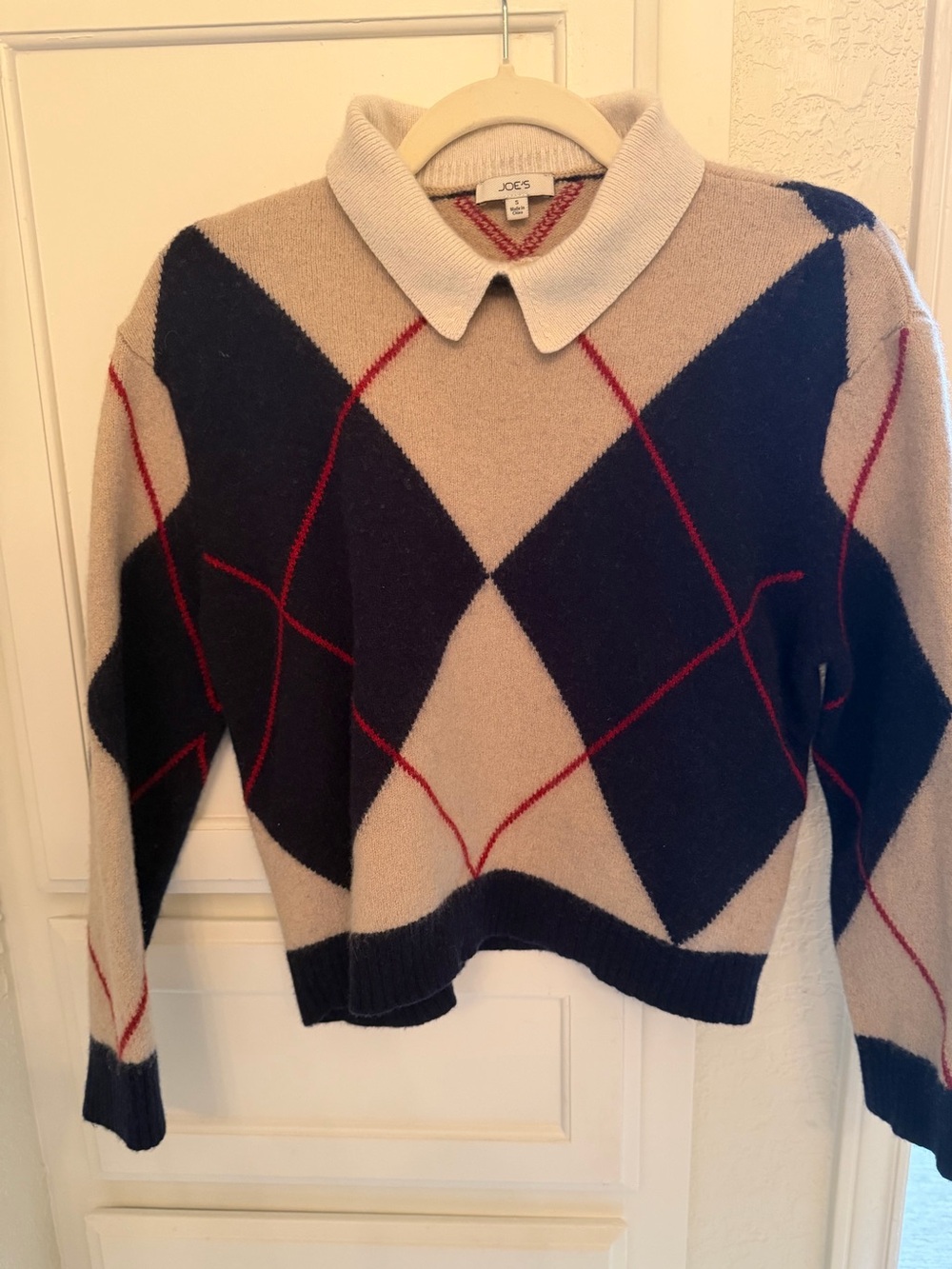 Joe's Argyle Polo Sweater Size S Beige Navy Red Merino Wool Blend Collared